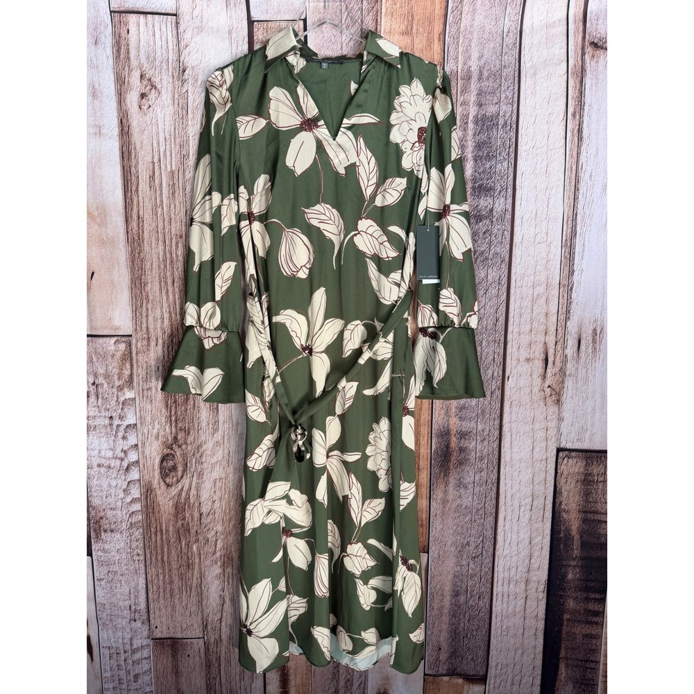Julia Jordan Floral Belted Midi Dress Moss Ivy Green Fall Botanical Size 4 NWT